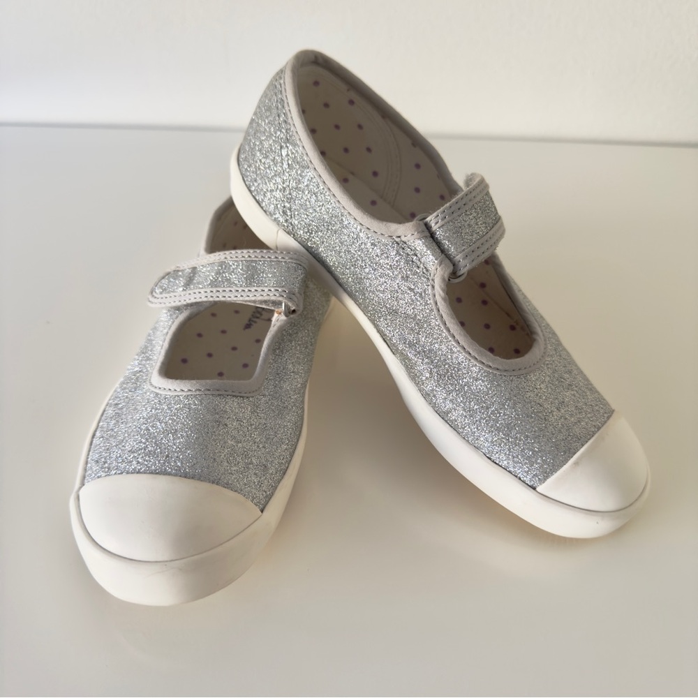 Mini Boden Silver Metallic Canvas Mary Janes, Rubber Soles Velcro Strap Sz 1 EUC